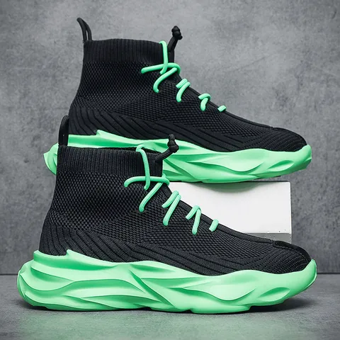 Men High Top Sock Sneakers Breathable Mesh Sports Casual Shoes Lightweight Thick Sole Walking Shoes Trendy Fashion Sneakers