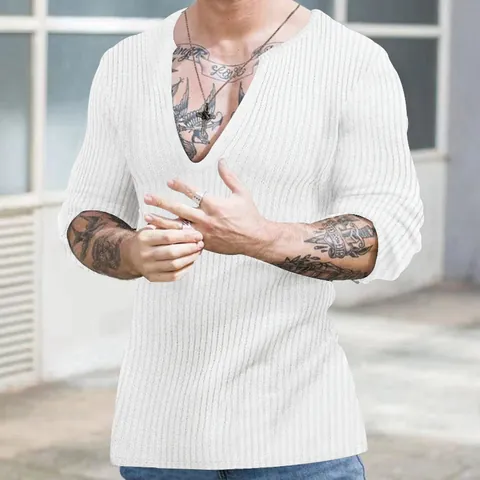 Men's Slim Fit Deep V-Neck Long Sleeve Ribbed Knit Pullover Cotton Blend Solid Color Fall Winter Casual Undershirt Top