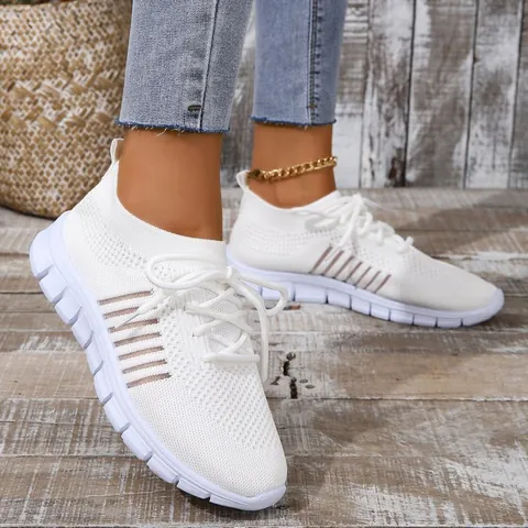 Women's Casual Fly-knit Mesh Breathable Sneakers Lightweight Lace-up Running Shoes Spring Summer Outdoor Walking Sport Shoes