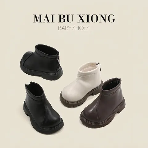 Koreaanse Stijl Kinderen Martin Boots Voor Peuters Jongens Meisjes Antislip Zachte Zool Ritssluiting Achterkant Synthetisch Leer Babyschoenen