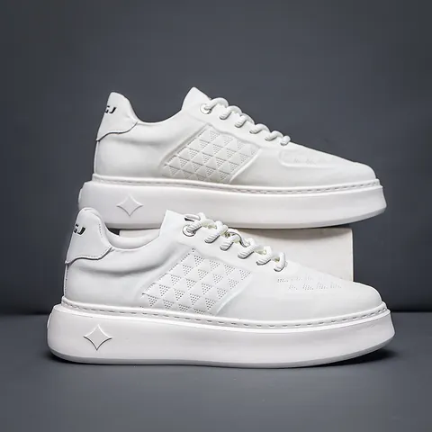 Men's White Board Shoes Genuine Leather Thick Bottom Casual Sneakers Minimalist Breathable Low Top Fashion Men's Shoes