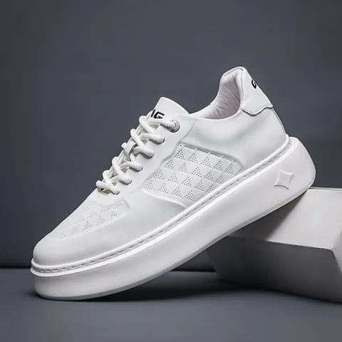 Men's White Board Shoes Genuine Leather Thick Bottom Casual Sneakers Minimalist Breathable Low Top Fashion Men's Shoes