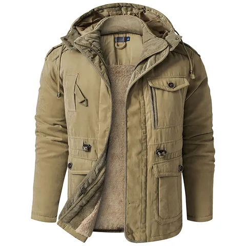 Men's Mid-Length Hooded Padded Jacket Fleece Lined Thicken Warm Winter Coat Outdoor Workwear Multi-Pocket Parka Polyester Jacket