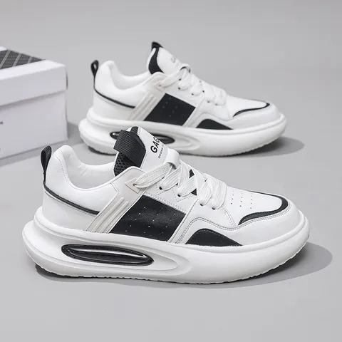 Men Genuine Cowhide Leather Chunky Sneakers Fashion Air Cushion Height Increasing Casual Sports Shoes White Black Walking Shoes