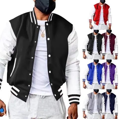 Men's Colorblock Varsity Jacket Casual Long Sleeve Stand Collar Single-Breasted Fleece Outerwear Fall Fashion Coat