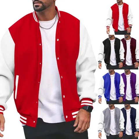 Herren Baseballjacke Fleece Farbblock Fliegerjacke Knopf Stehkragen Lockerer Schnitt Varsity Mantel Lässig Sportlich Outwear