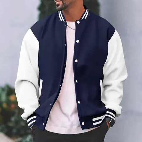 Men Varsity Jacket Casual Loose Fleece Lined Baseball Uniform Stand Collar Contrast Color Bomber Jacket Spring Autumn Outwear