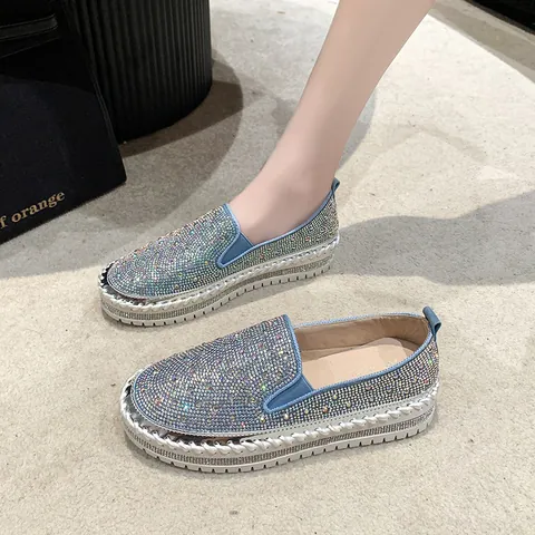 Mocassini da Donna Casual Slip On con Strass Suola Spessa Punta Arrotondata Scintillante Stile Coreano Scarpe da Passeggio Basse per Uso Quotidiano Moda Studentesca