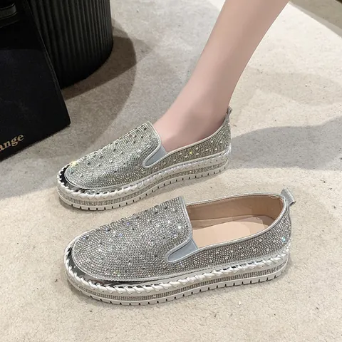 Mocassini da Donna Casual Slip On con Strass Suola Spessa Punta Arrotondata Scintillante Stile Coreano Scarpe da Passeggio Basse per Uso Quotidiano Moda Studentesca