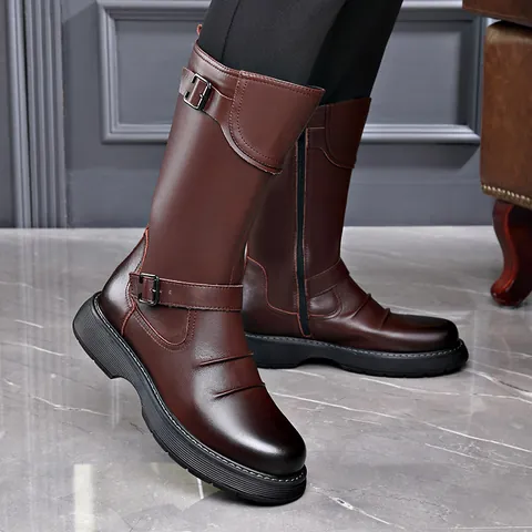 Men Genuine Leather Martin Boots Knight Boots Winter Warm Fleece Lined Side Zipper High Top Fashion Casual Male Footwear