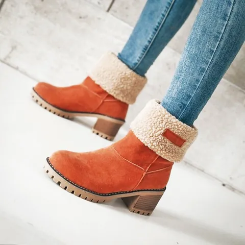 Botas de Nieve para Mujer de Media Pantorrilla Con Borde de Piel Sintética Tacón Grueso Botas de Invierno Cálidas Antideslizantes