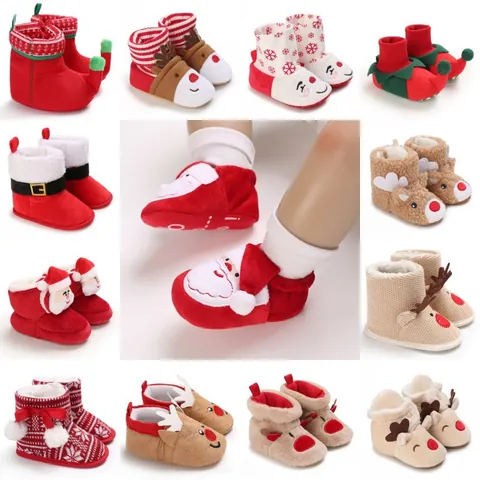 Christmas Baby Snow Boots Winter Warm Infant Toddler First Walkers Santa Claus Reindeer Elf Style Soft Sole Pompom Shoes