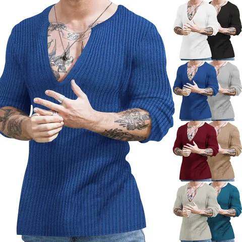 Men's Slim Fit Deep V-Neck Long Sleeve Ribbed Knit Pullover Cotton Blend Solid Color Fall Winter Casual Undershirt Top