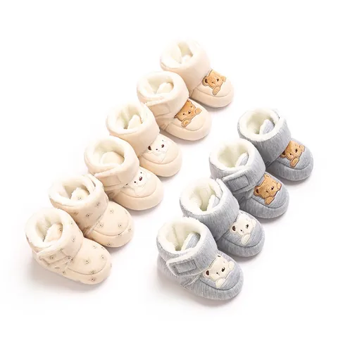 Infant Winter Thickened Warm Cotton Shoes Cartoon Bear Embroidery Soft Sole Pre-walker Shoes For Baby Boys Girls