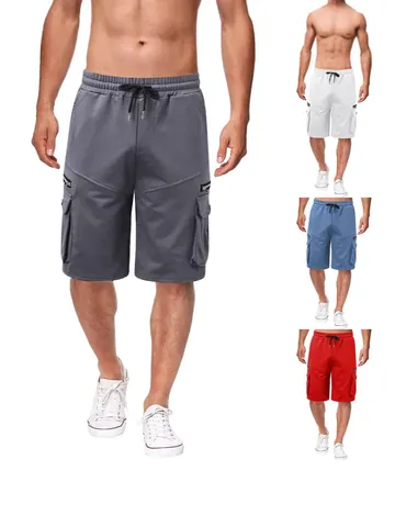 Men Cargo Shorts Multi Pockets Elastic Waist Drawstring Summer Loose Casual Bottoms Polyester Cotton Blend Shorts