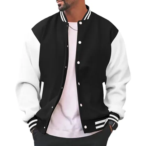 Men's Casual Varsity Baseball Jacket Contrast Color Fleece Lined Button Up Bomber Coat Youth Fashion Sporty Outerwear Top