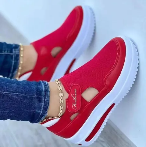 Women Casual Mesh Shoes Breathable Knit Upper Wedge Platform Sneakers With Velcro Closure Round Toe Low Top Footwear