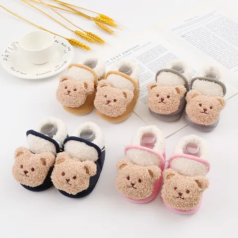 Cute Cartoon Bear Baby Pre-walker Shoes Winter Warm Coral Fleece Infant Soft Sole First Walkers Non-slip Socks Shoes