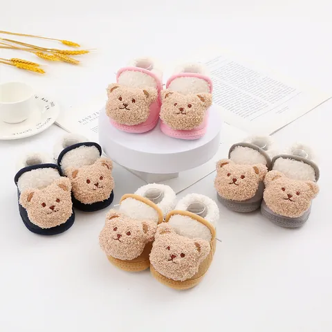 Cute Cartoon Bear Baby Pre-walker Shoes Winter Warm Coral Fleece Infant Soft Sole First Walkers Non-slip Socks Shoes