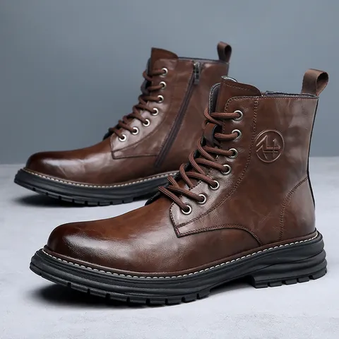 Bottines Martin en Cuir Véritable pour Hommes Vintage Workwear Bottes Hautes pour l'hiver Chaudes Fermeture Éclair Latérale Bottines Outdoor