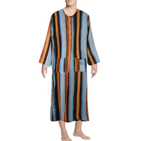 Herren Ethnisch Langarm Robe Retro Vertikal Gestreift Druck Rundhals Jubba Thobe Lässig Lockere Kaftan Gewand