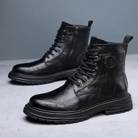 Bottines Martin en Cuir Véritable pour Hommes Vintage Workwear Bottes Hautes pour l'hiver Chaudes Fermeture Éclair Latérale Bottines Outdoor