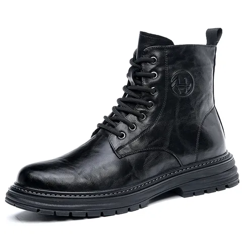 Bottines Martin pour Hommes en Cuir Véritable Rétro Britannique Style Workwear Automne Hiver Semelle Épaisse Bottes à Lacets
