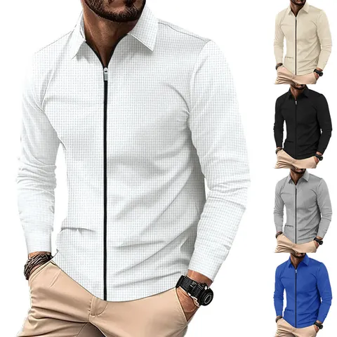 Men's Casual Waffle Knit Jacket Lapel Collar Full Zip Cardigan Long Sleeve Lightweight Polyester Outerwear For Autumn