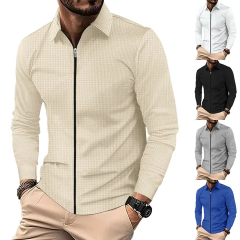 Men's Casual Waffle Knit Jacket Lapel Collar Full Zip Cardigan Long Sleeve Lightweight Polyester Outerwear For Autumn