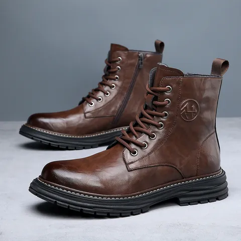 Bottines Martin pour Hommes en Cuir Véritable Rétro Britannique Style Workwear Automne Hiver Semelle Épaisse Bottes à Lacets