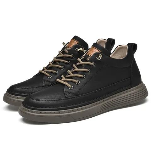 Scarpe da Skateboard con Rialzo da Uomo in Crosta di Pelle Taglio Medio Casual Stile Workwear Grandi Dimensioni