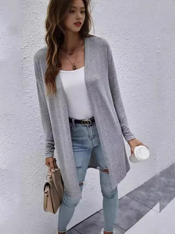 Women's Casual Polyester Cotton Blend Mid-Length Knit Cardigan Solid Color Open Front Long Sleeve Loose Fit Sweater Top