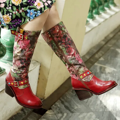 Retro Etnisch Dames Leren Bloemenprint Kniehoge Laarzen Blokhak Gesp Zijrits Boheemse Leren Laarzen