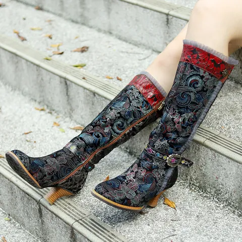 Vintage Paleisstijl Dames Kniehoge Laarzen Stof Patchwork Kanten Rand Hoge Hakken Etnische Bloemenprint Mode Lange Laarzen
