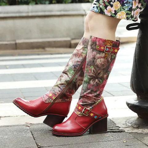 Retro Etnisch Dames Leren Bloemenprint Kniehoge Laarzen Blokhak Gesp Zijrits Boheemse Leren Laarzen