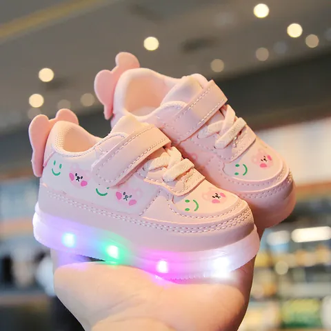Toddler Girls Light Up Sneakers Microfiber Leather Soft Sole Cartoon Bear Pattern Hook And Loop Baby Walking Board Shoes