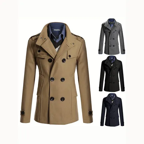 Men's Double Breasted Woolen Overcoat Slim Fit Stand Collar Mid Length Trench Coat British Style Polyester Winter Outerwear