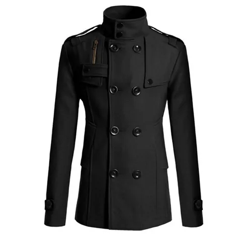 Men's Double Breasted Woolen Overcoat Slim Fit Stand Collar Mid Length Trench Coat British Style Polyester Winter Outerwear