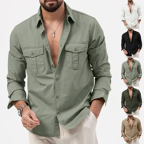 Men Casual Cargo Shirt Long Sleeve Polyester Solid Color Multi Pocket Lapel Button Down Regular Fit Top