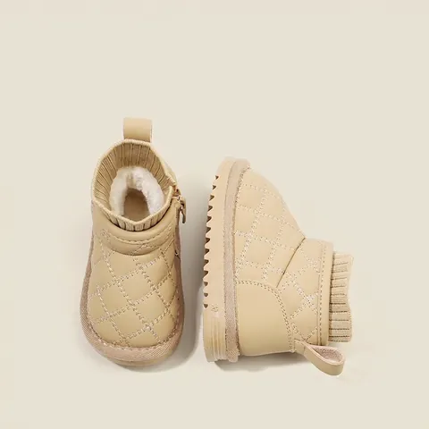 Korean Style Toddler Snow Boots Microfiber Leather Warm Faux Lamb Wool Lining Quilted Side Zipper Non-Slip Casual Winter Baby Shoes