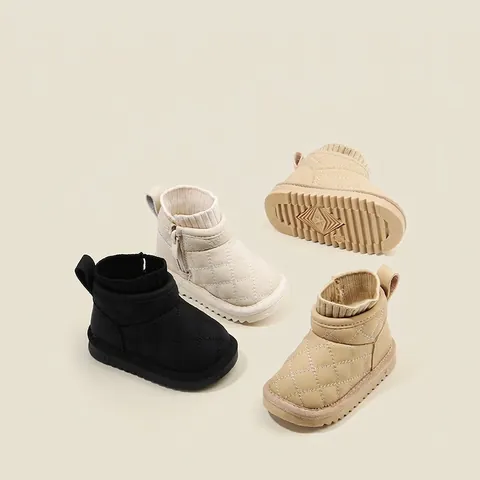 Korean Style Toddler Snow Boots Microfiber Leather Warm Faux Lamb Wool Lining Quilted Side Zipper Non-Slip Casual Winter Baby Shoes