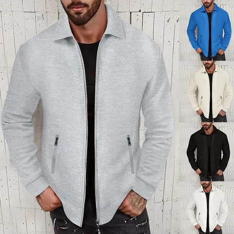 Chaqueta de Punto de Gofre para Hombre Manga Larga Cuello Alto Cremallera Color Sólido Casual Primavera Otoño Top