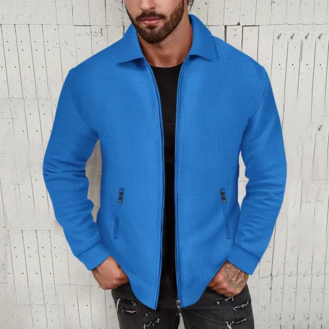 Men's Autumn Waffle Knit Zipper Jacket Slim Fit Lapel Cardigan Casual Outerwear Cotton Polyester Blend Solid Color Top