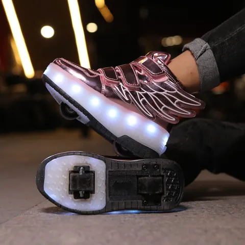 Kids LED Light Up Roller Shoes Retractable Wheel Sneakers For Boys Girls Metallic Wings Fashion Luminous Skates Shoes