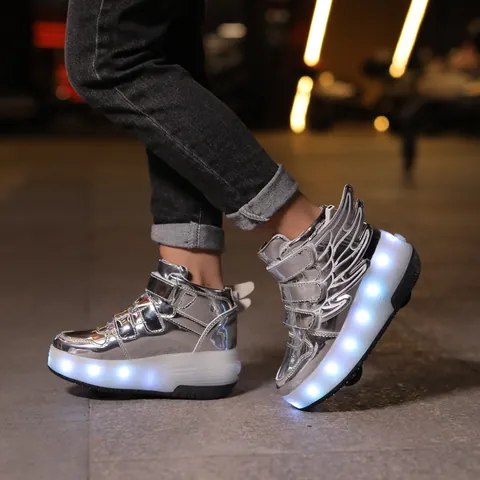 Kids LED Light Up Roller Shoes Retractable Wheel Sneakers For Boys Girls Metallic Wings Fashion Luminous Skates Shoes