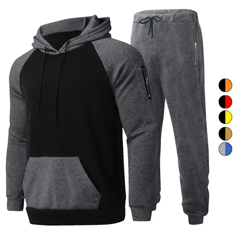 Men Polyester Fleece Hoodie And Sweatpants Top And Bottom Color Block Zipper Hooded Casual Winter Tracksuit Warm Sportswear