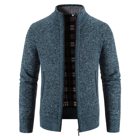 Cardigan en Tricot Doublé Polaire pour Hommes Col Montant Fermeture Éclair Pull Veste Chaud Tricot en Polyester Automne Hiver