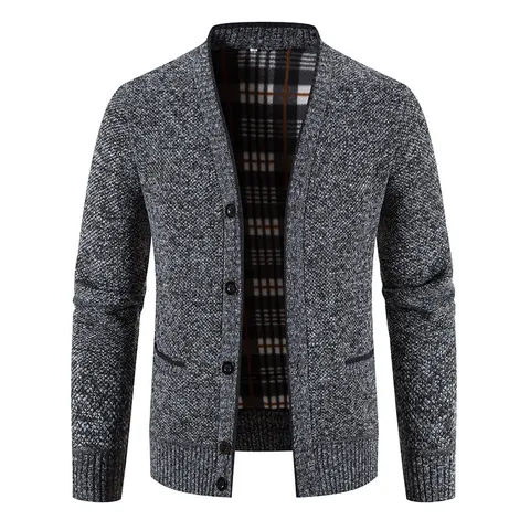 Men's V-Neck Knitted Cardigan Sweater Thickened Winter Jacket With Checkered Lining Casual Polyester Button Up Outerwear
