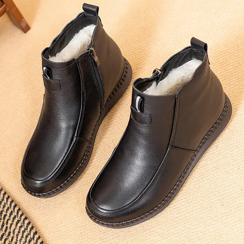 Women Genuine Leather Winter Boots Cozy Wool Lined Middle Aged Short Boots Side Zipper Warm Anti Slip Mother Cowhide Ankle Boots
