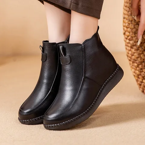 Women Genuine Leather Winter Boots Cozy Wool Lined Middle Aged Short Boots Side Zipper Warm Anti Slip Mother Cowhide Ankle Boots